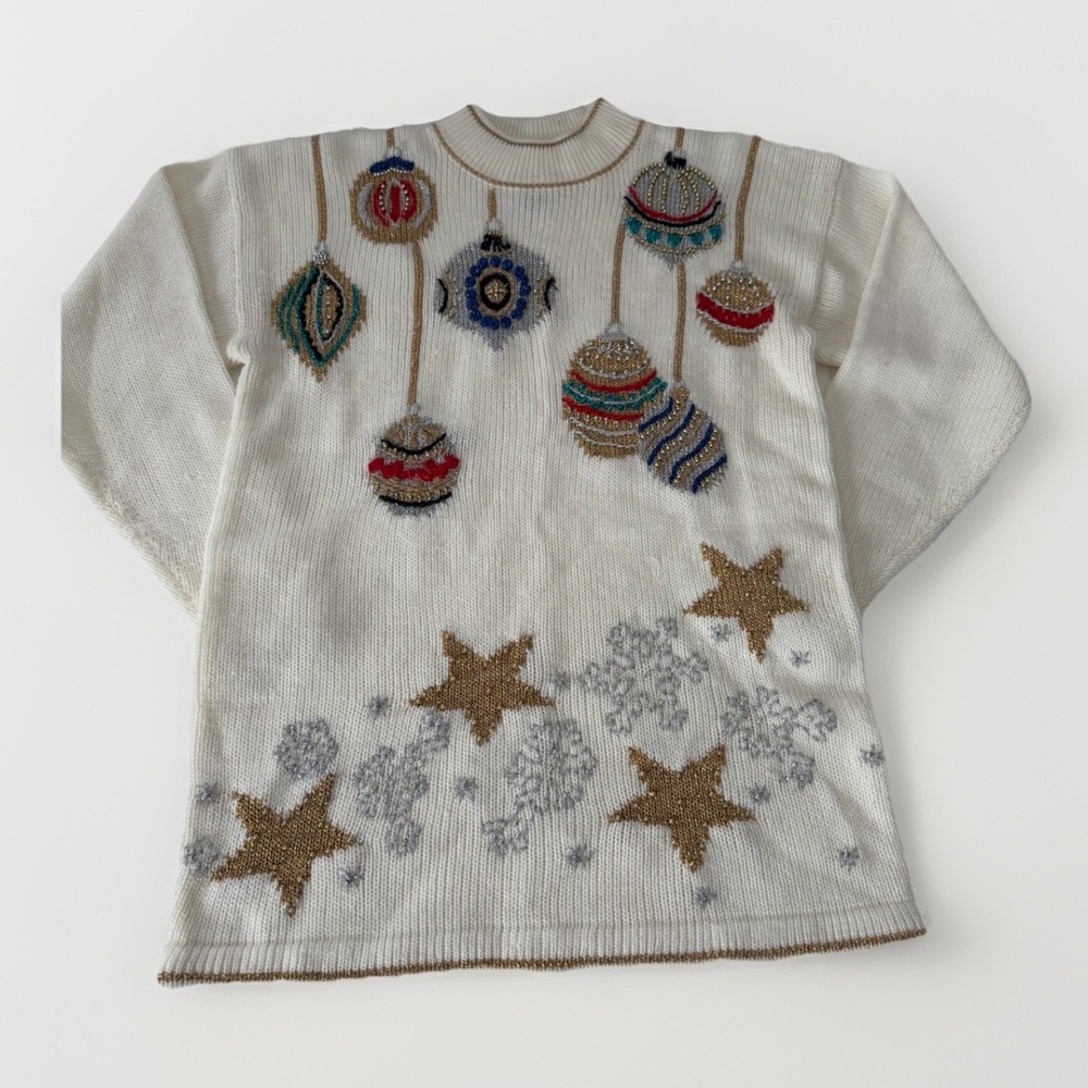 Vintage Dana‎ Scott Womens Christmas Sweater Size Medium Cream Embroidered